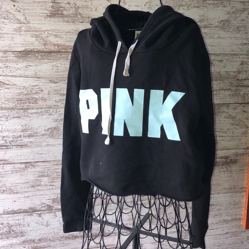 Victoria’s Secret PINK crop top hoodie blue and black size small hoodie pink vs‍